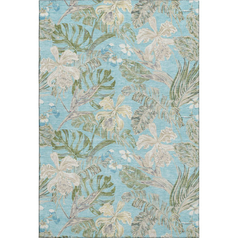 8' X 10' Teal Green And Ivory Floral Washable Area Rug With UV Protection