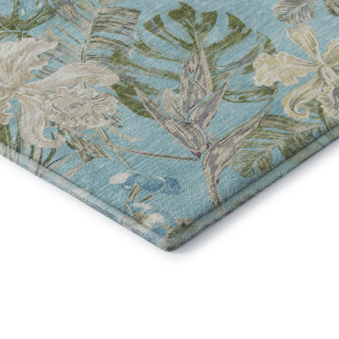 8' X 10' Teal Green And Ivory Floral Washable Area Rug With UV Protection
