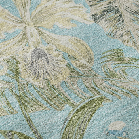 8' X 10' Teal Green And Ivory Floral Washable Area Rug With UV Protection