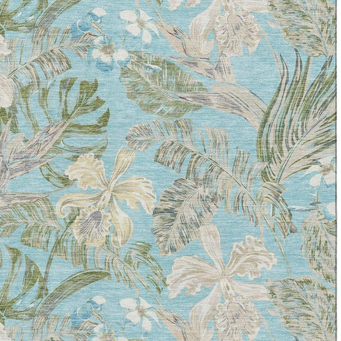 8' X 10' Teal Green And Ivory Floral Washable Area Rug With UV Protection