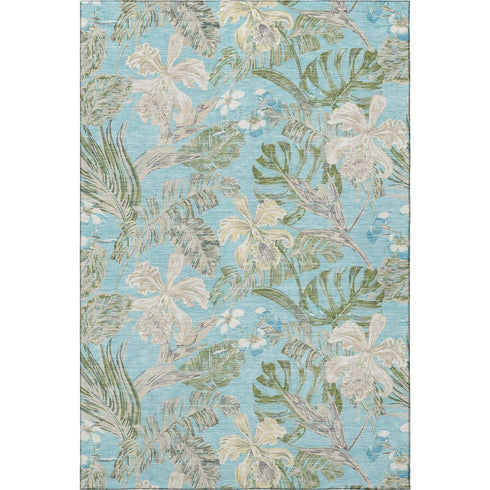 8' X 10' Teal Green And Ivory Floral Washable Area Rug With UV Protection