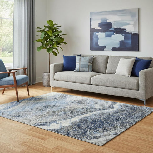 5' X 8' Blue Gray And Silver Abstract Washable Area Rug With UV Protection