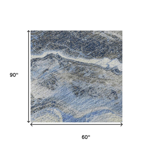 5' X 8' Blue Gray And Silver Abstract Washable Area Rug With UV Protection
