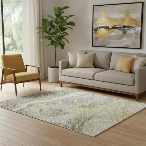 5' X 8' Gold Gray And Ivory Abstract Washable Area Rug With UV Protection