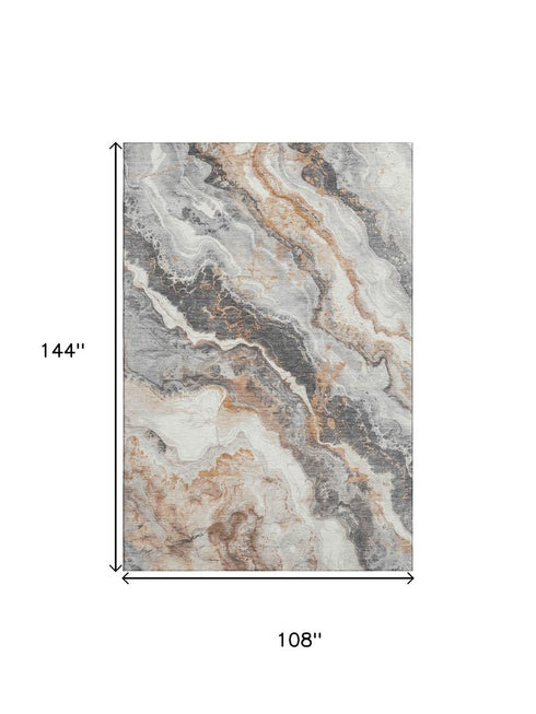 9' X 12' Silver Gray And Copper Abstract Washable Area Rug With UV Protection