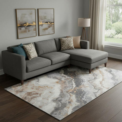 9' X 12' Silver Gray And Copper Abstract Washable Area Rug With UV Protection