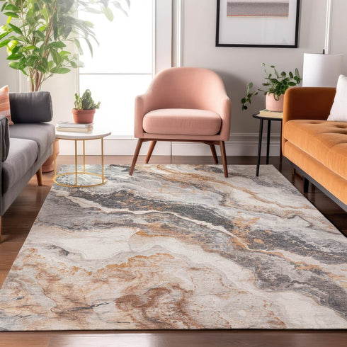 9' X 12' Silver Gray And Copper Abstract Washable Area Rug With UV Protection