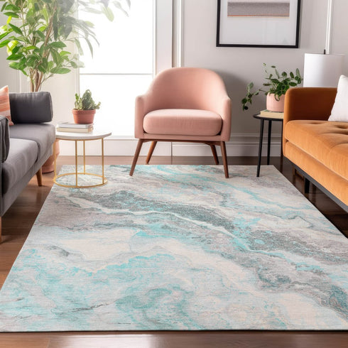 9' X 12' Teal Gray And Silver Abstract Washable Area Rug With UV Protection