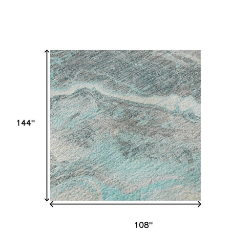 9' X 12' Teal Gray And Silver Abstract Washable Area Rug With UV Protection