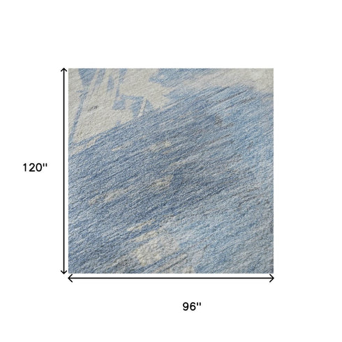 8' X 10' Denim Blue Ivory And Beige Abstract Washable Area Rug With UV Protection