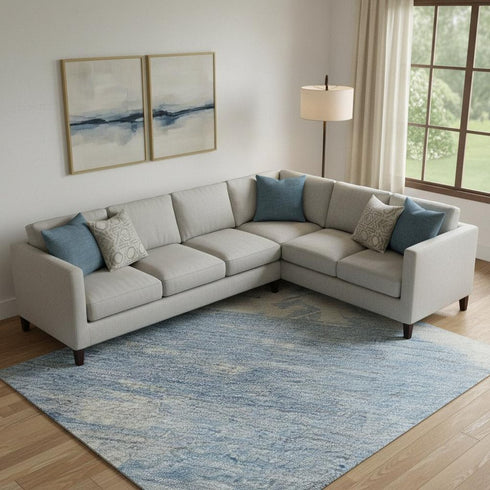 9' X 12' Denim Blue Ivory And Beige Abstract Washable Area Rug With UV Protection