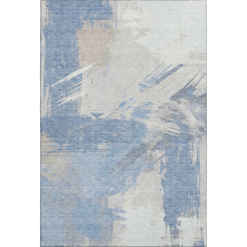 9' X 12' Denim Blue Ivory And Beige Abstract Washable Area Rug With UV Protection