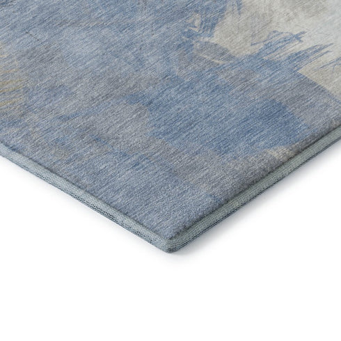 9' X 12' Denim Blue Ivory And Beige Abstract Washable Area Rug With UV Protection