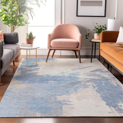 9' X 12' Denim Blue Ivory And Beige Abstract Washable Area Rug With UV Protection