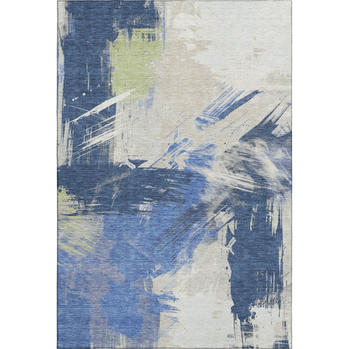 5' X 8' Navy Blue Green And Ivory Abstract Washable Area Rug With UV Protection