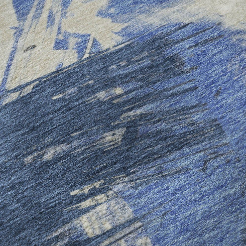 5' X 8' Navy Blue Green And Ivory Abstract Washable Area Rug With UV Protection