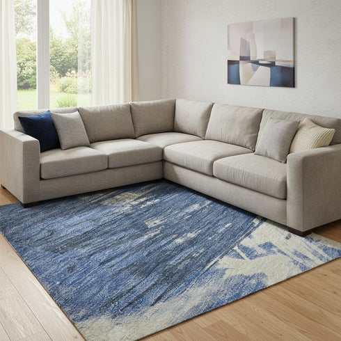 8' X 10' Navy Blue Green And Ivory Abstract Washable Area Rug With UV Protection
