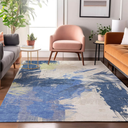 9' X 12' Navy Blue Green And Ivory Abstract Washable Area Rug With UV Protection