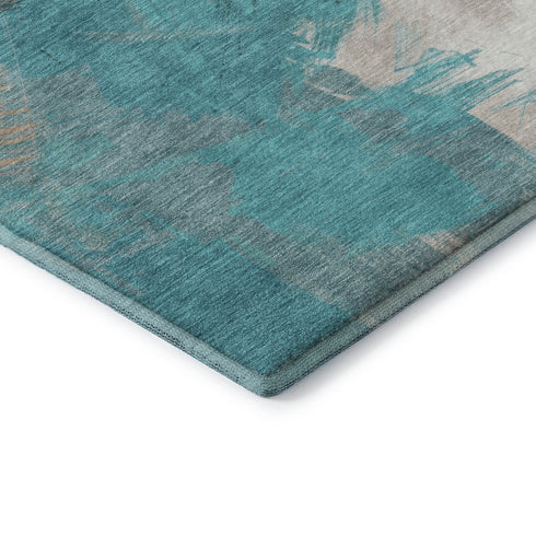 8' X 10' Teal Beige And Ivory Abstract Washable Area Rug With UV Protection