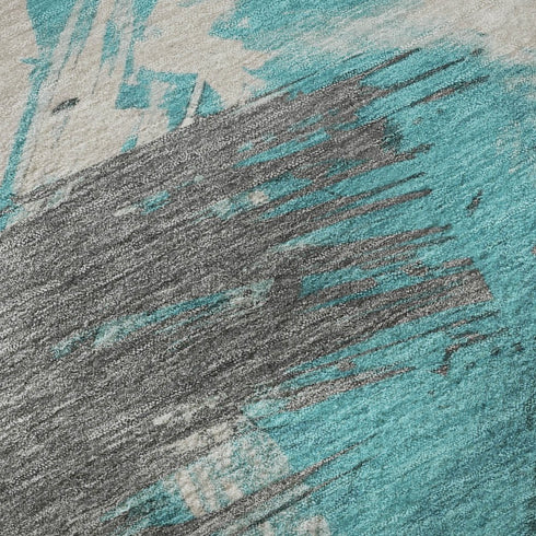 8' X 10' Teal Beige And Ivory Abstract Washable Area Rug With UV Protection