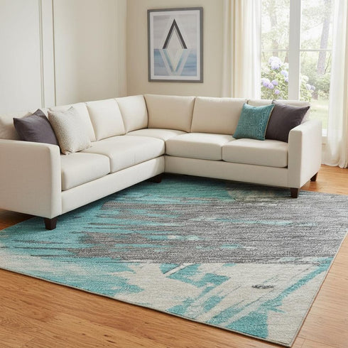 8' X 10' Teal Beige And Ivory Abstract Washable Area Rug With UV Protection