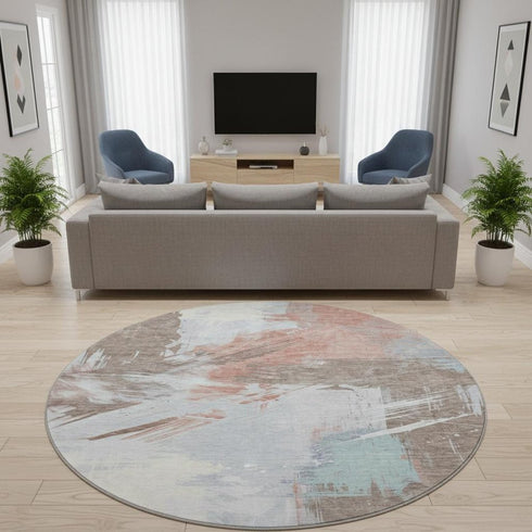8' Taupe Blue And Ivory Abstract Washable Round Rug With UV Protection