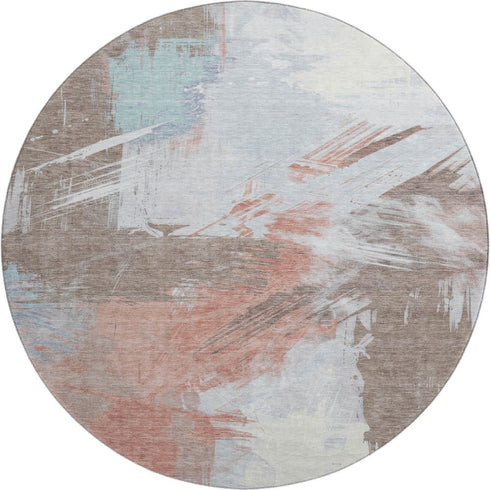 8' Taupe Blue And Ivory Abstract Washable Round Rug With UV Protection