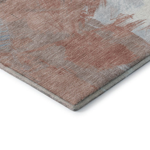 8' Taupe Blue And Ivory Abstract Washable Round Rug With UV Protection