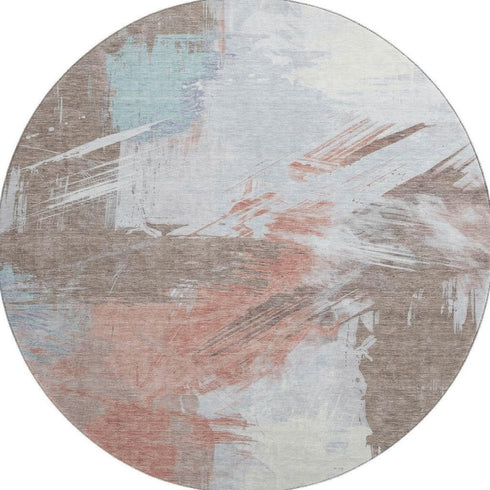 8' Taupe Blue And Ivory Abstract Washable Round Rug With UV Protection