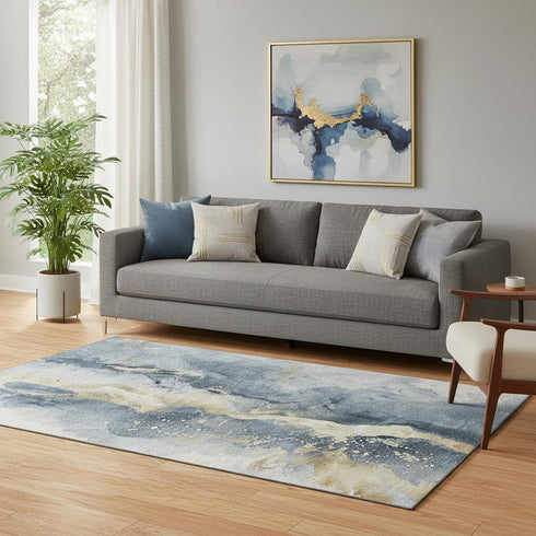 5' X 8' Graphite Gold And Silver Abstract Washable Area Rug With UV Protection
