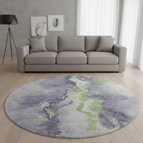 8' Lavender Green And Ivory Abstract Washable Round Rug With UV Protection
