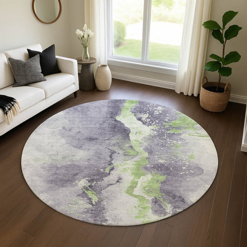 8' Lavender Green And Ivory Abstract Washable Round Rug With UV Protection