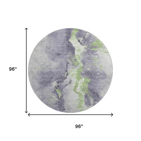 8' Lavender Green And Ivory Abstract Washable Round Rug With UV Protection