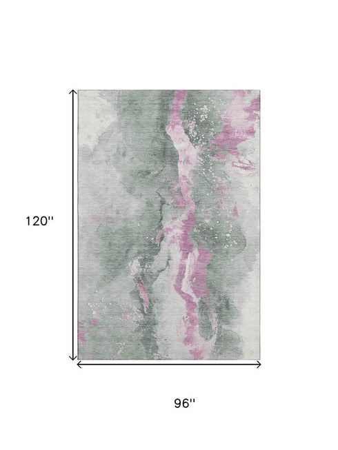 8' X 10' Sage Mauve And Ivory Abstract Washable Area Rug With UV Protection