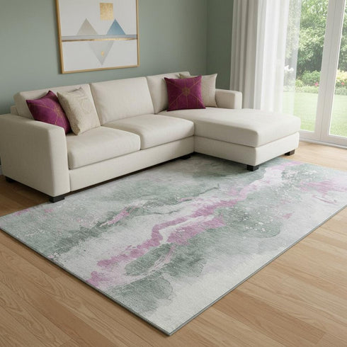 8' X 10' Sage Mauve And Ivory Abstract Washable Area Rug With UV Protection
