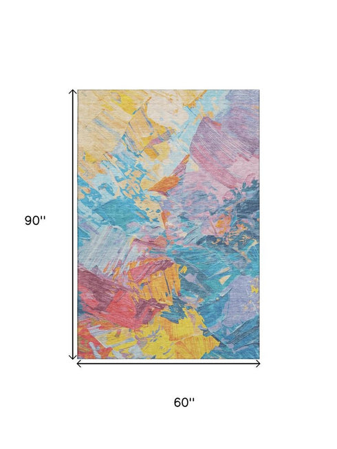 5' X 8' Blue Yellow And Pink Abstract Washable Area Rug With UV Protection
