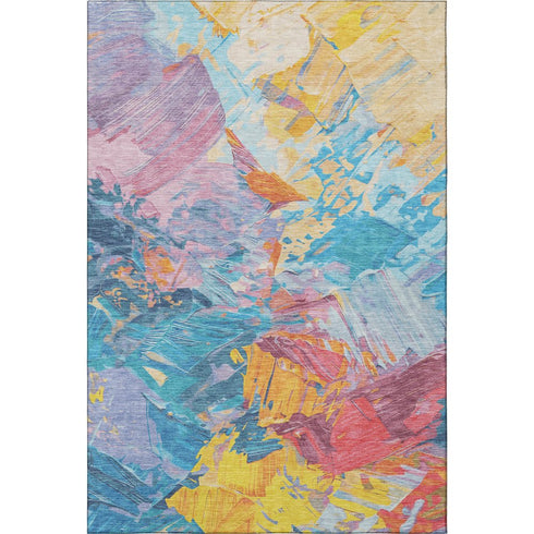 5' X 8' Blue Yellow And Pink Abstract Washable Area Rug With UV Protection