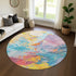 8' Blue Yellow And Pink Abstract Washable Round Rug With UV Protection