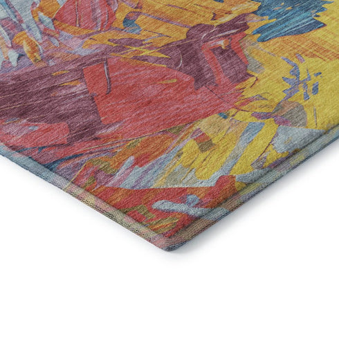 8' Blue Yellow And Pink Abstract Washable Round Rug With UV Protection