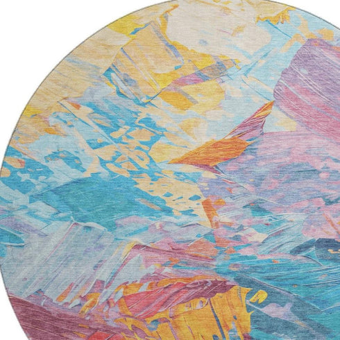 8' Blue Yellow And Pink Abstract Washable Round Rug With UV Protection