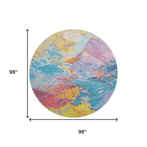 8' Blue Yellow And Pink Abstract Washable Round Rug With UV Protection