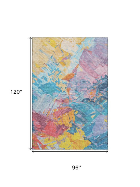 8' X 10' Blue Yellow And Pink Abstract Washable Area Rug With UV Protection