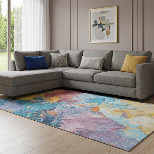 8' X 10' Blue Yellow And Pink Abstract Washable Area Rug With UV Protection