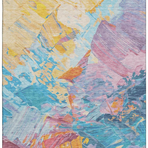 8' X 10' Blue Yellow And Pink Abstract Washable Area Rug With UV Protection