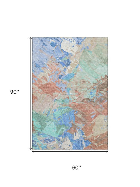 5' X 8' Coral Teal And Copper Abstract Washable Area Rug With UV Protection