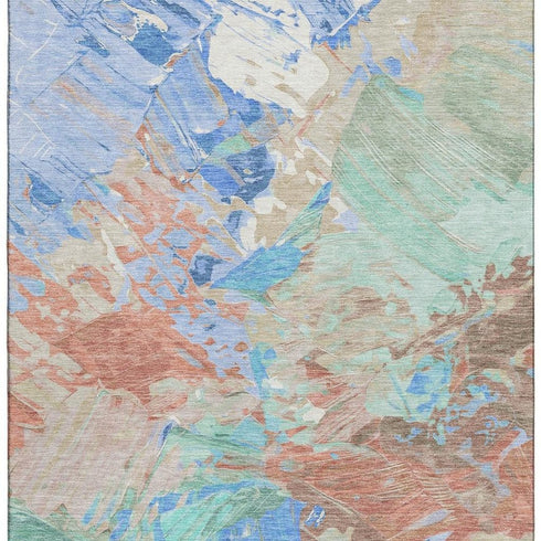 5' X 8' Coral Teal And Copper Abstract Washable Area Rug With UV Protection
