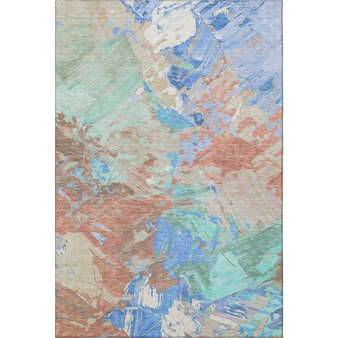 5' X 8' Coral Teal And Copper Abstract Washable Area Rug With UV Protection