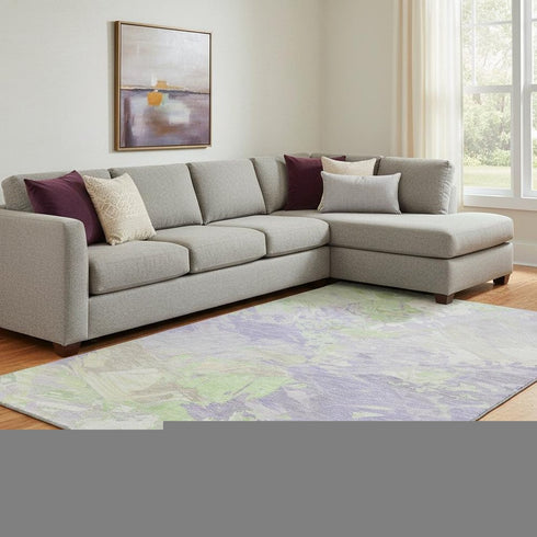 8' X 10' Lavender Green And Beige Abstract Washable Area Rug With UV Protection