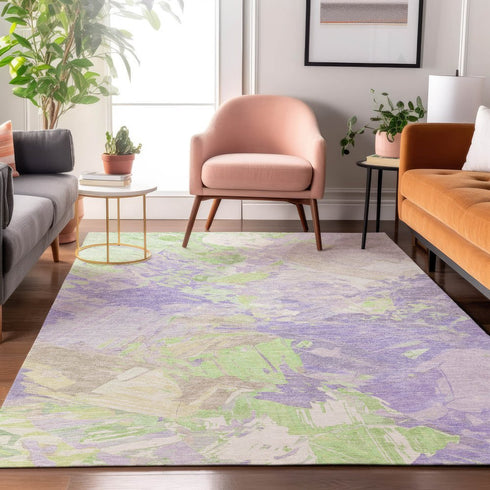 8' X 10' Lavender Green And Beige Abstract Washable Area Rug With UV Protection