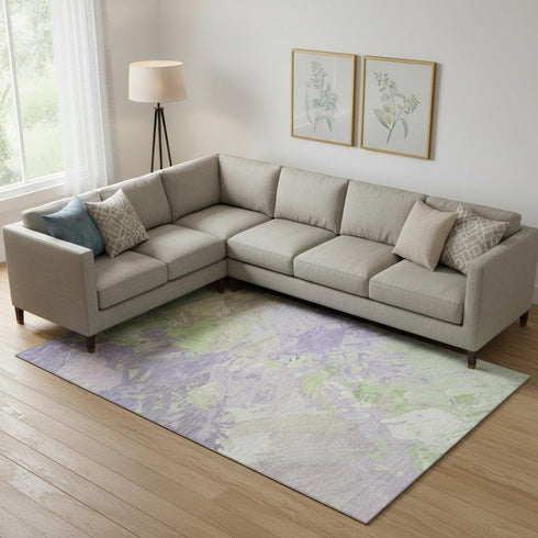 9' X 12' Lavender Green And Beige Abstract Washable Area Rug With UV Protection